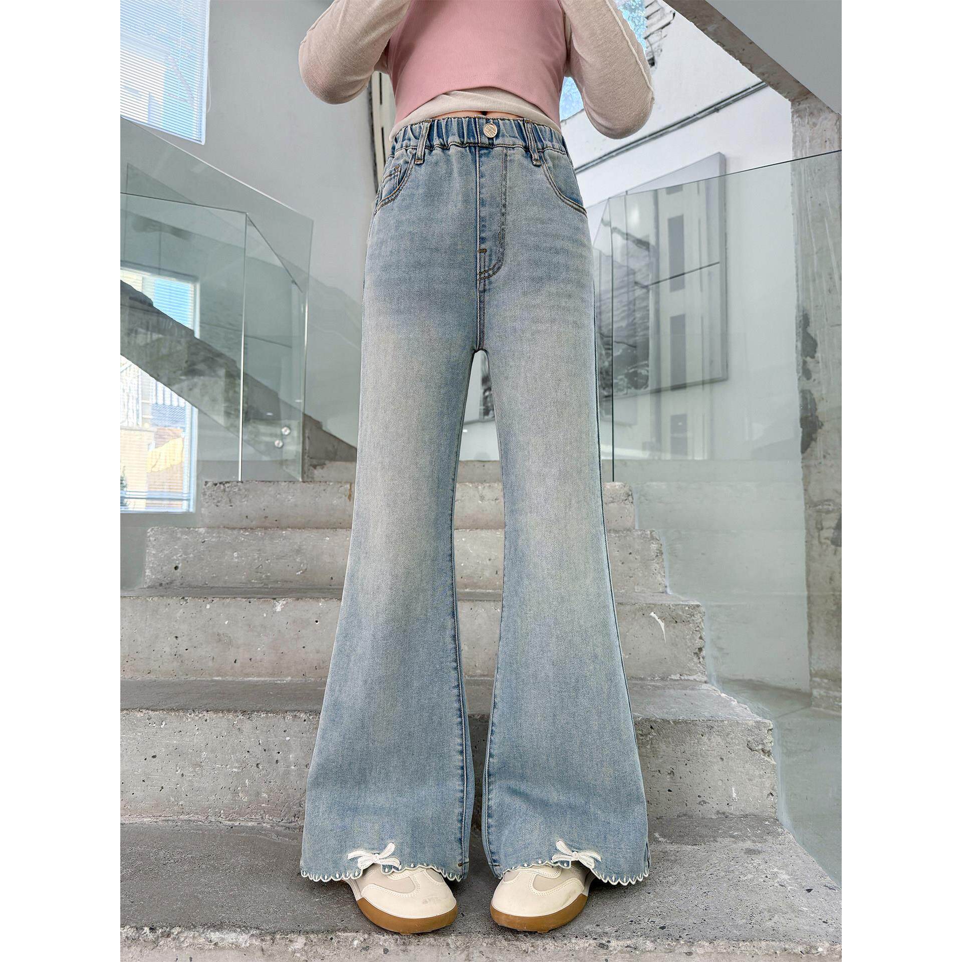 2026弹力新款牛仔裤儿童修身女童裤子春款喇叭裤小女孩蝴蝶结洋气