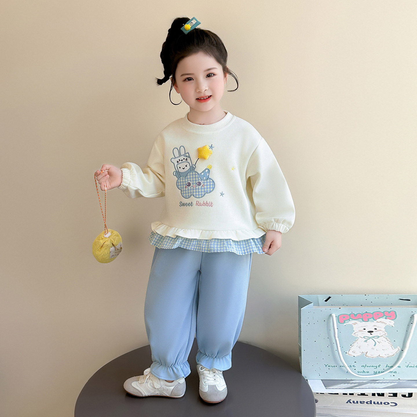 女童春秋装春款运动时髦2026套装花边女宝卫衣儿童两件套格子休闲