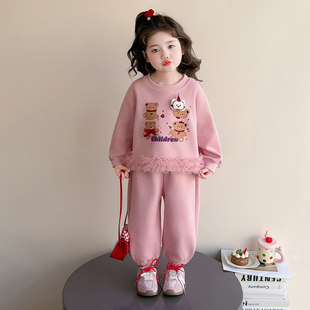 2026款休闲两件套春装儿童春秋卡通女童花边时髦女宝套装小熊卫衣