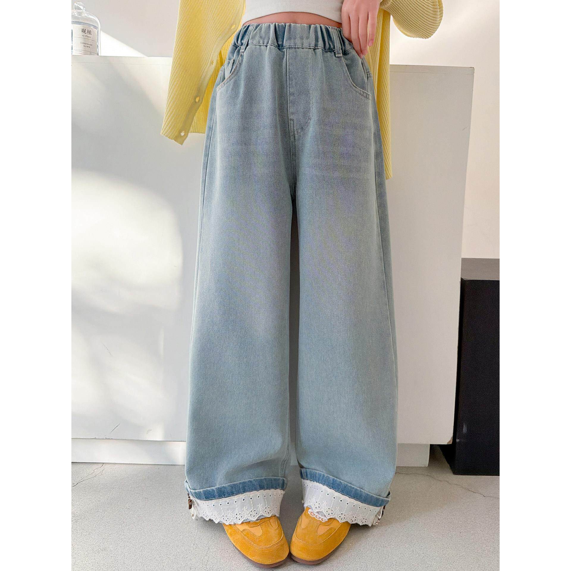 直筒女童童女春款牛仔裤新款2026裤中大儿童裤子洋气窄版阔腿花边