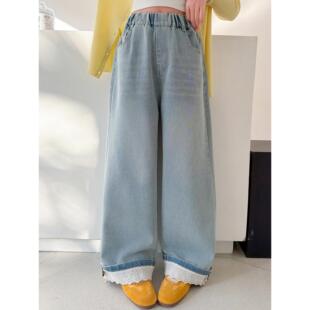 直筒女童童女春款牛仔裤新款2026裤中大儿童裤子洋气窄版阔腿花边