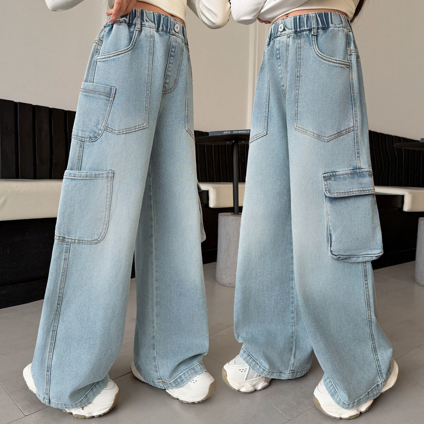 直痞帅儿童新款春秋大童宽松牛仔筒裤2026工装裤女童春季风阔腿裤