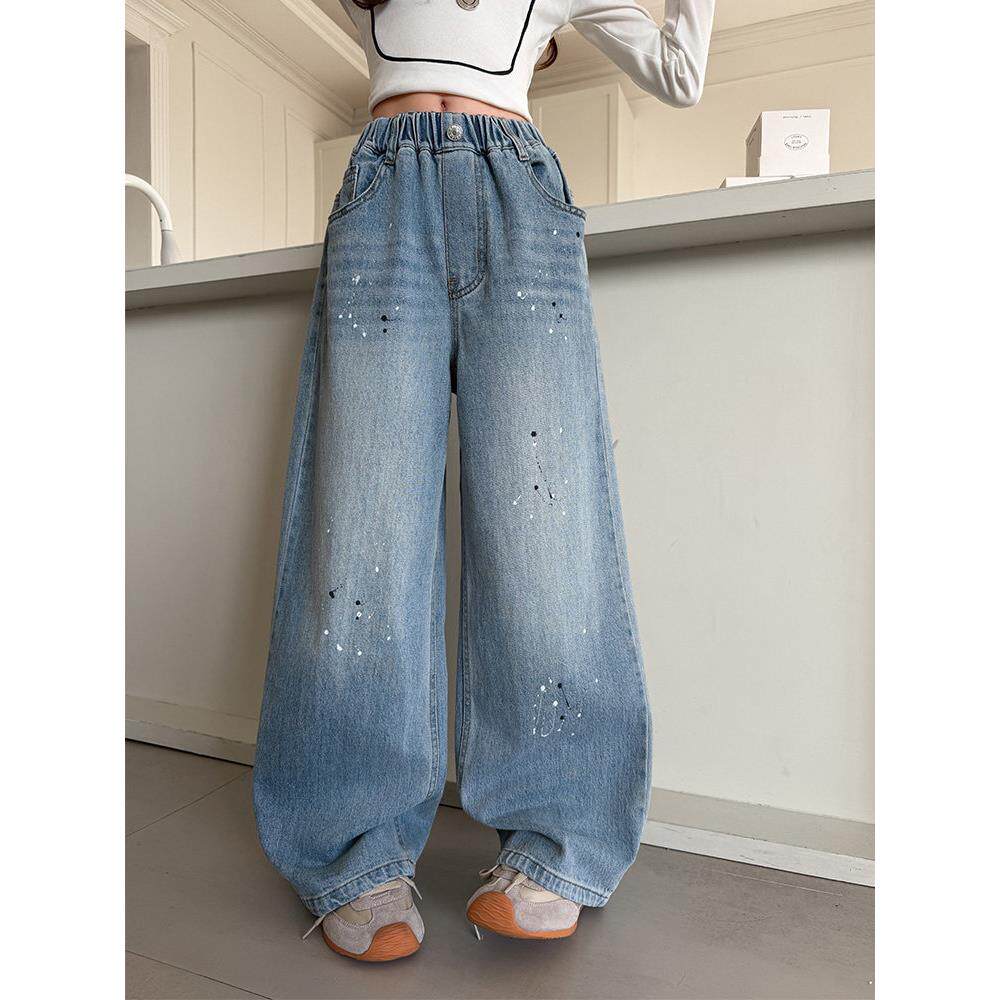 腿裤子年牛仔裤新款2026印花长裤松紧女童阔腿裤宽松洋气腰阔休闲