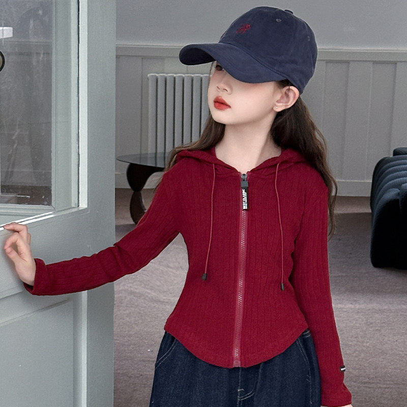 开衫女童上衣外套女孩2026时尚针织衫百搭连帽短款洋气儿童春秋潮