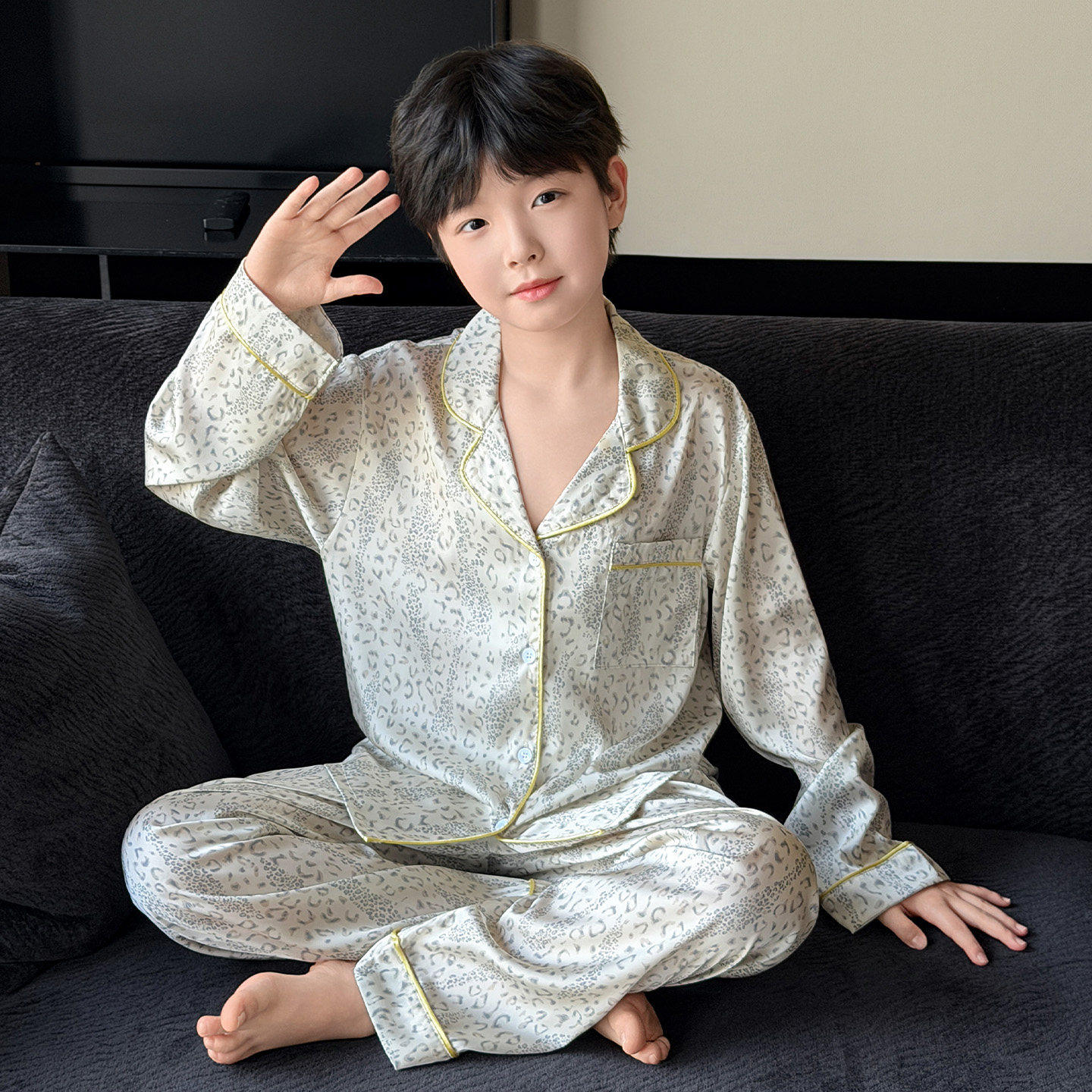 薄款大童2026男童睡衣豹纹冰丝春秋新款家居服长袖家居服男孩儿童