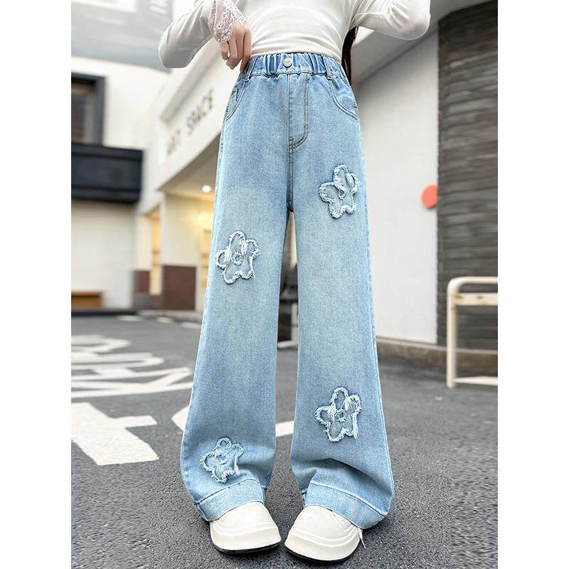 女童窄版初中大童阔腿裤新款牛仔裤儿童洋气春季女孩春装直筒裤子