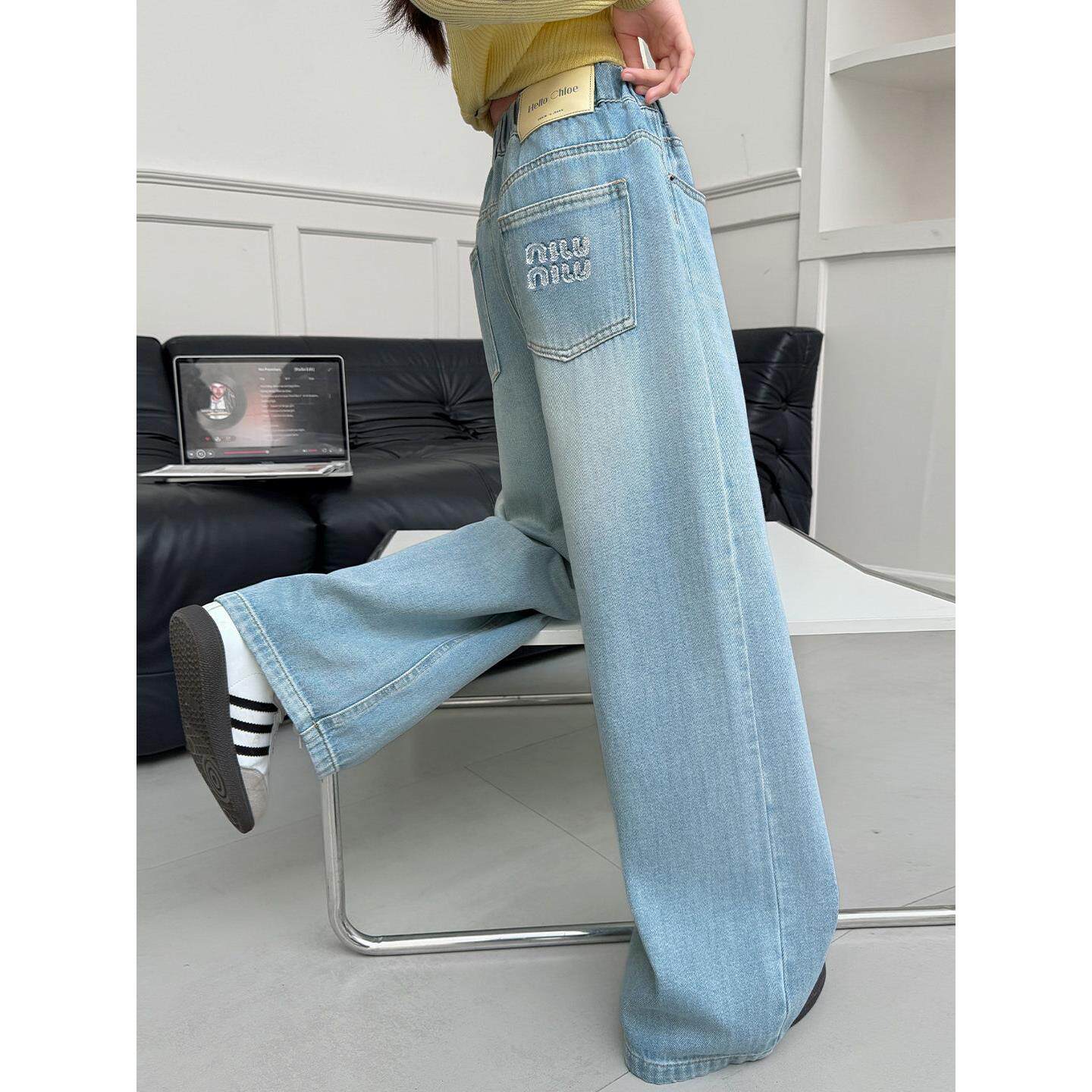 阔腿儿童窄版直新款女孩春秋大童休闲春装牛仔裤洋气长裤女童筒裤