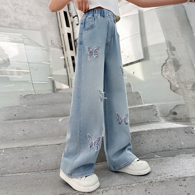 女童牛仔裤春秋款2025新款春装大童网红刺绣蝴蝶窄版阔腿儿童裤子