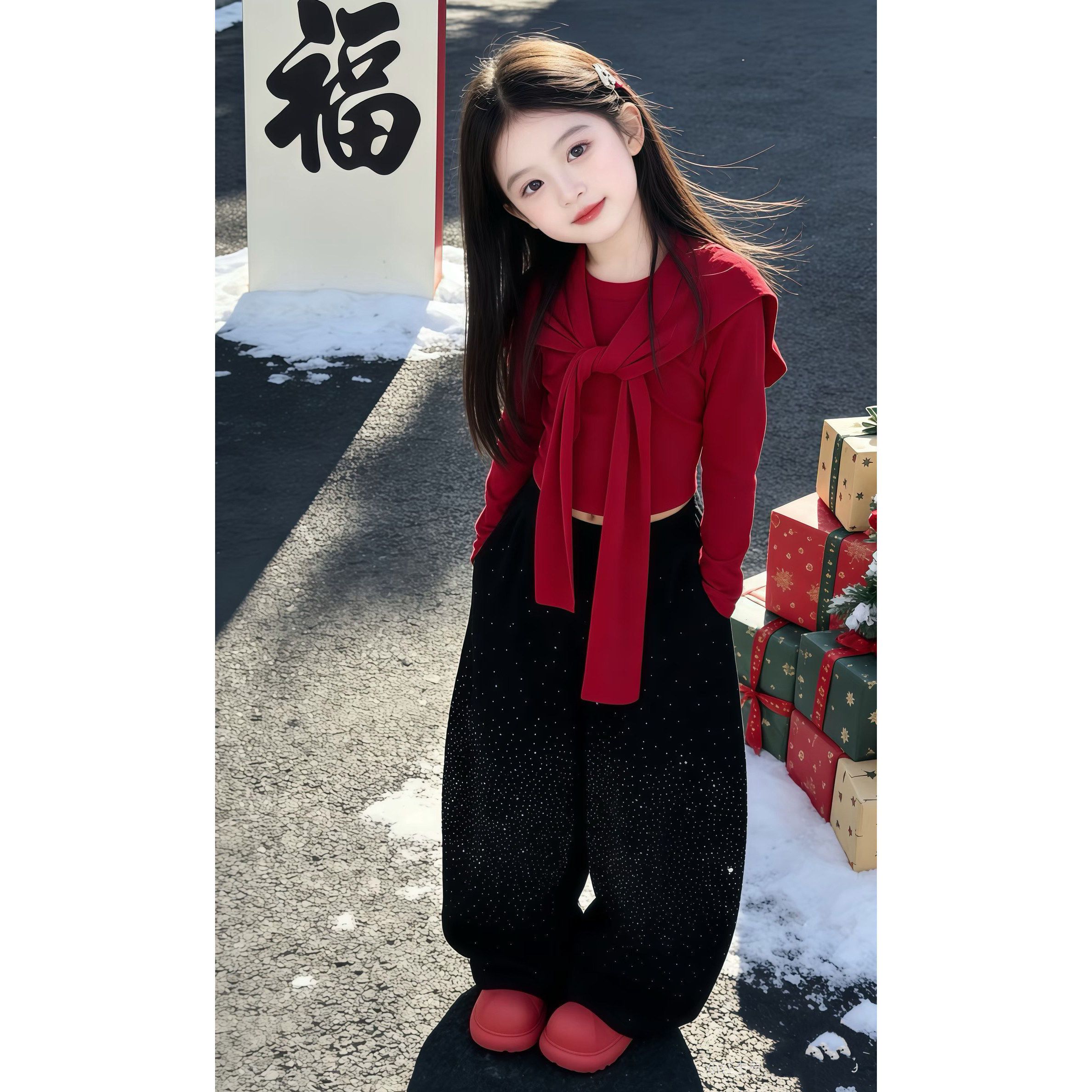 春装2026T恤裤裤子烫女童披肩套装女大童弯刀爆闪钻儿童街舞新款