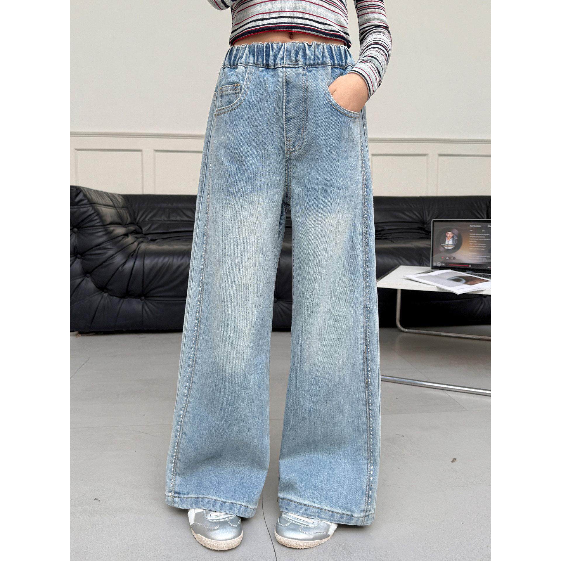阔腿裤年女童浅蓝色2026中大童牛仔裤春季直筒烫牛仔裤洋气钻新款