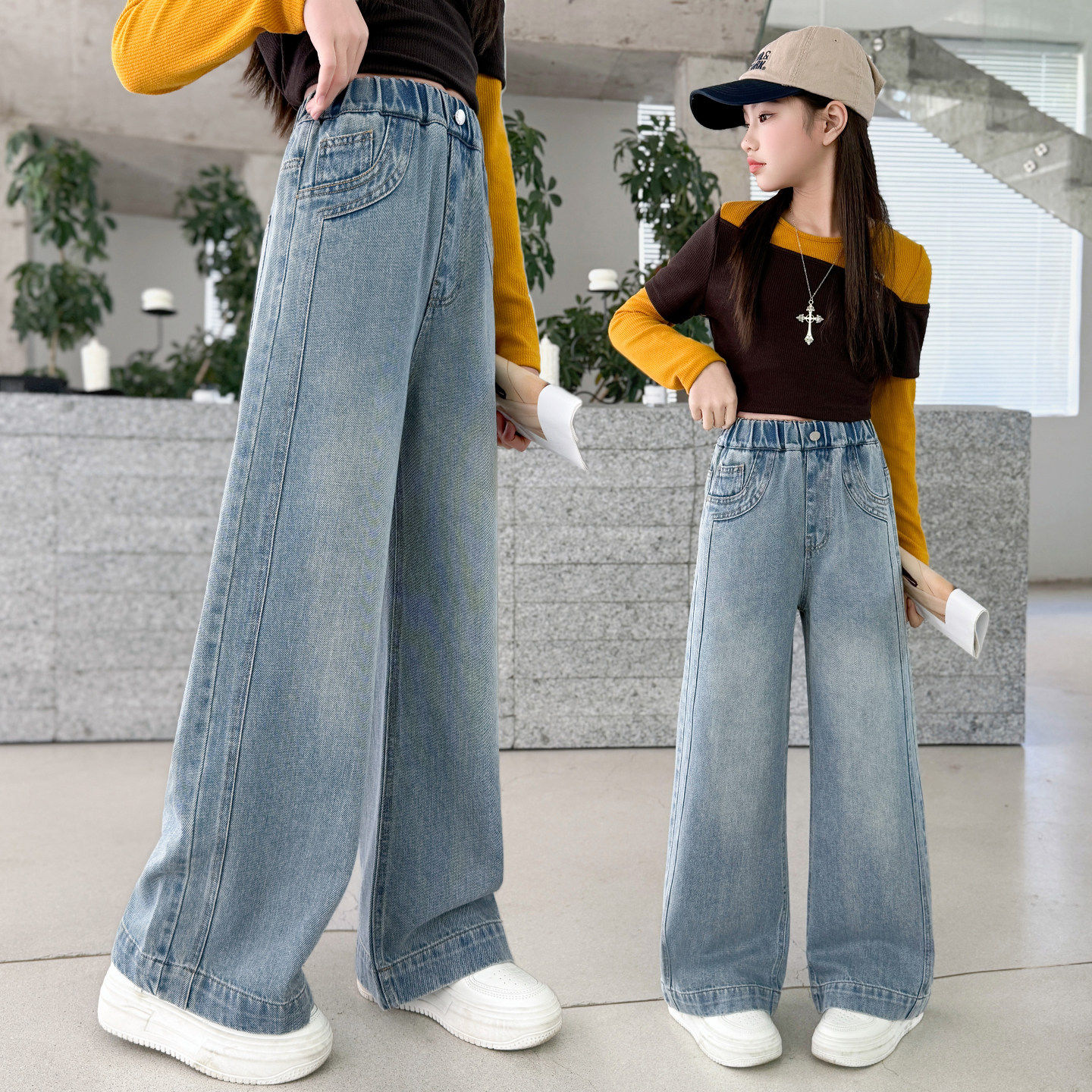 春秋女童洋气宽松春天韩版时髦裤子牛仔裤直筒儿童裤大童女孩阔腿