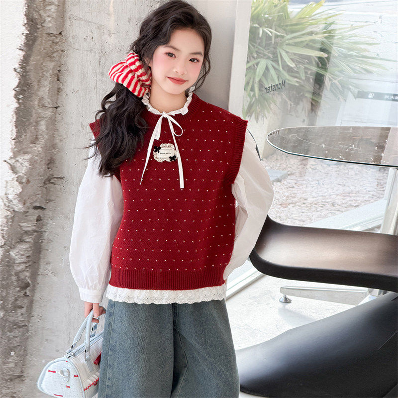 韩系马甲红色牛仔裤衬衫三件套女孩穿中套装衣服童装搭针织女童大