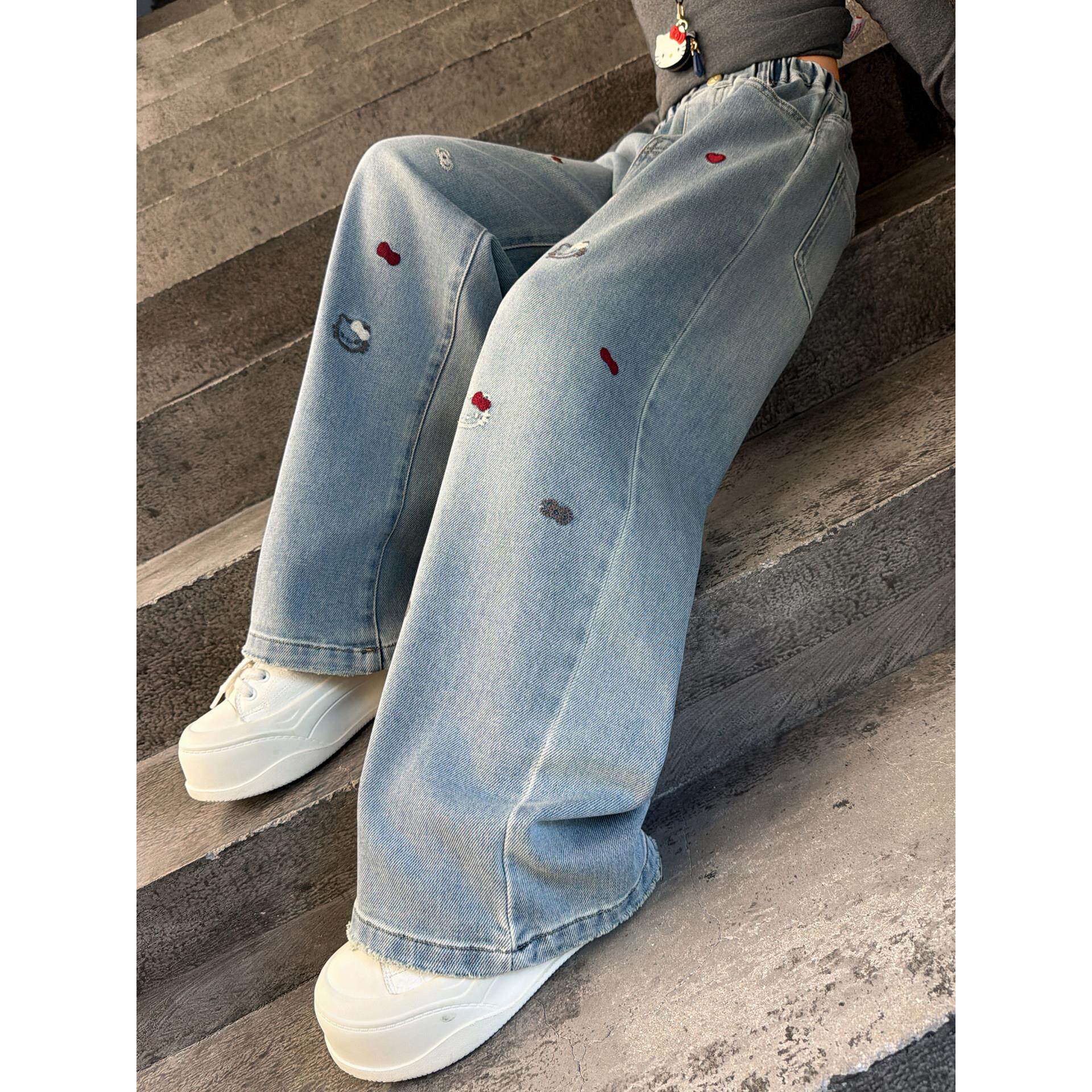 2026阔腿女童春秋季刺绣牛仔裤洋气中大童年宽松百搭休闲新款长裤