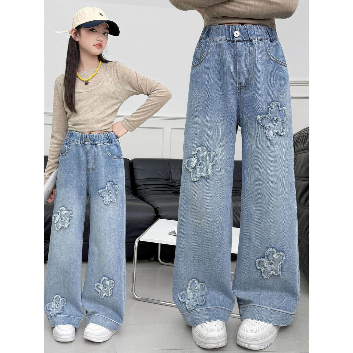 阔腿女孩春装窄版直新款女童筒裤春装儿童洋气大童牛仔裤显瘦裤子