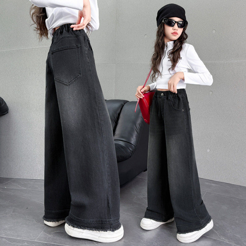 超春秋女大童春装2026牛仔新款好看初中生宽松女孩女童裤子阔腿裤