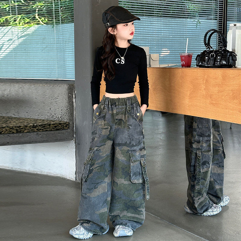 新款大童迷彩儿童炸街工装裤女童春秋爵士舞街舞裤子女孩长裤美式