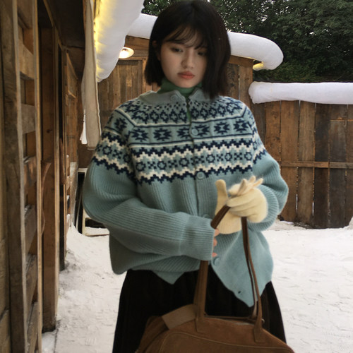 Mere 北欧风费尔岛复古加厚提花毛衣女秋冬宽松慵懒学院开衫外套