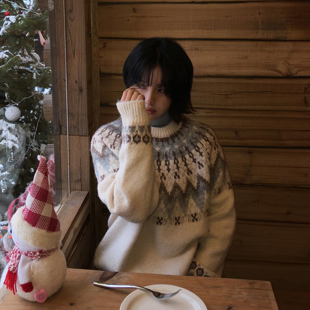 Meregu 复古北欧费尔岛提花保暖毛衣秋冬新款宽松慵懒风针织上衣