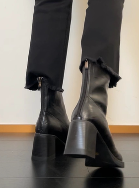 34-42码！羊皮~高跟短靴女新款方头粗跟瘦瘦靴通勤英伦风弹力靴