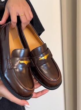 33-43大码女鞋全真皮金属扣乐福鞋女平底通勤小皮鞋一脚蹬复古女