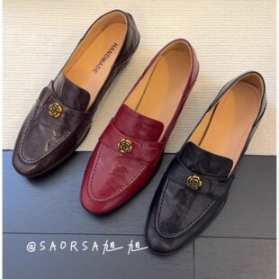 34-40码！头层羊皮~复古山茶花乐福鞋女英伦风粗跟通勤闲小皮鞋