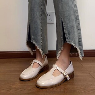 34-40码！真皮单鞋女粗跟T字带玛丽珍新款女粗跟文艺小皮鞋