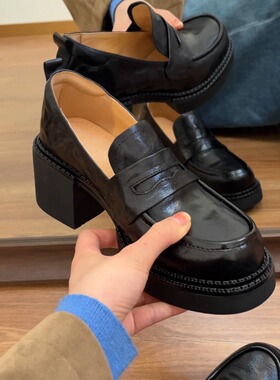 34-42码！静音羊皮~小皮鞋女粗跟黑色圆头乐福鞋厚底增高英伦女鞋