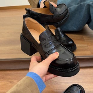 34-42码！静音羊皮~小皮鞋女粗跟黑色圆头乐福鞋厚底增高英伦女鞋
