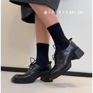 34-40码！头层羊皮~复古英伦风方头乐福鞋女粗跟休闲通勤小皮鞋