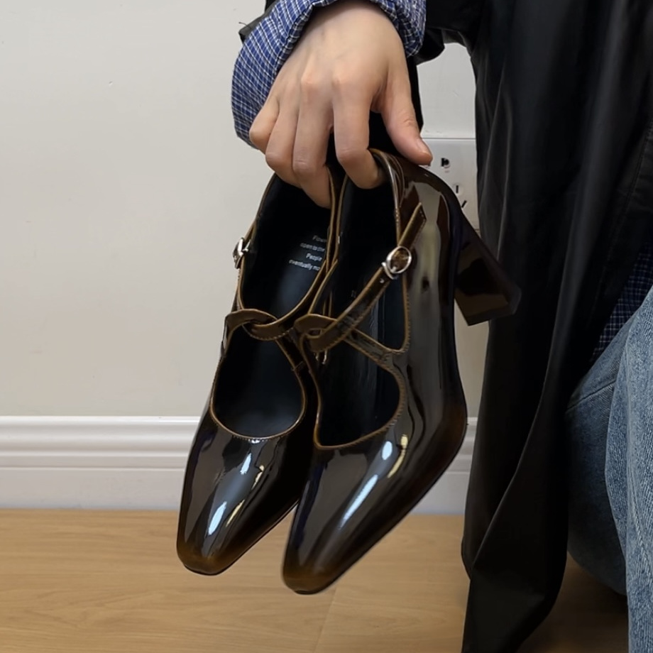 33-40码！羊皮法式渐变色单鞋女高跟鞋复古交叉带玛丽珍粗跟单鞋