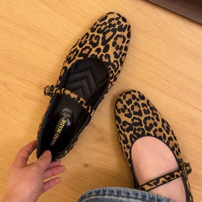 34-43大码！新宠儿~马毛真皮女单鞋豹纹一字带浅口女复古奶奶鞋