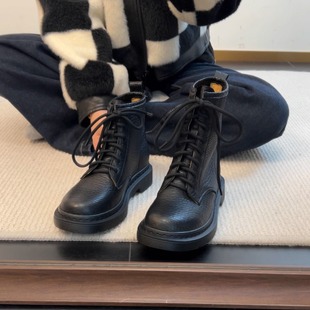 系带粗跟短靴女圆头秋冬厚底增高短靴 头层羊皮马丁靴 42码