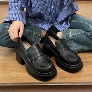 34-40码！乐福鞋女2025新款春秋中粗跟厚底增高英伦单鞋小皮鞋