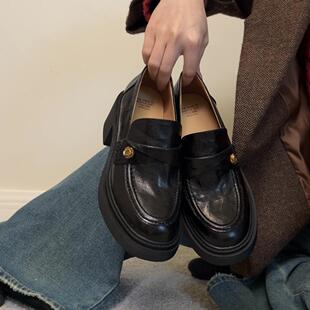 34-40码！头层羊皮复古乐福鞋粗跟高质感女静音增高山茶花小皮鞋