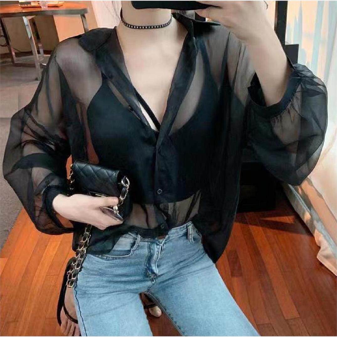 灯笼袖衬衣泡泡袖透视网纱罩衫女T恤系扣开衫transparent blouses