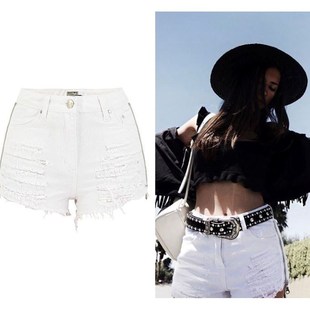 热裤 速卖通ebay亚马逊热卖 性感白色破洞乞丐侧拉链牛仔短裤