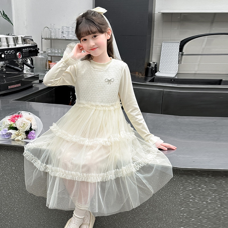 女童春秋款连衣裙中大童小香风纱裙小女孩清新泡泡袖蝴蝶结网纱裙