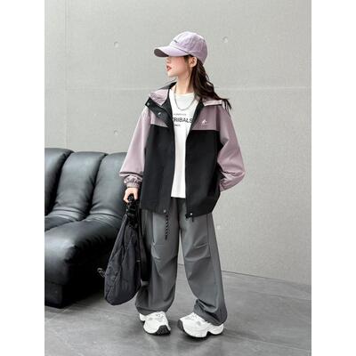 女童拼色潮休闲中大童外套夹克儿童20026连帽上衣冲锋衣新款春装