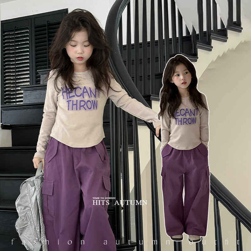 女大童工装裤新款纯棉T恤上衣卫衣儿童洋气长袖女童女孩9秋装套装