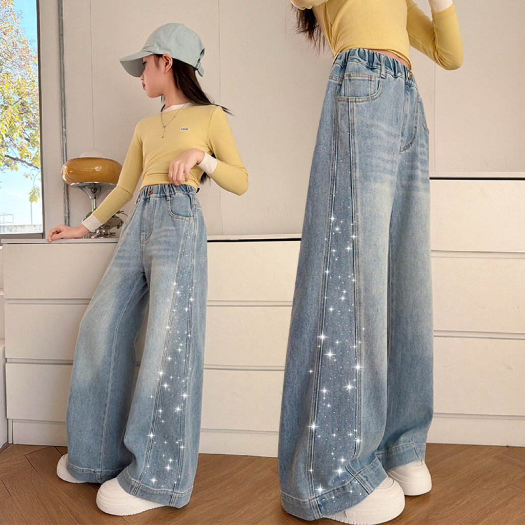 潮新款烫牛仔裤筒裤2026长裤女童中大童休闲钻直百搭春款侧边印花