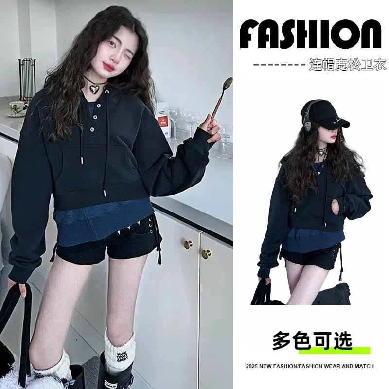 女 童洋气春装新款2025年连帽卫衣时髦小女童假两件拼色短款上衣9