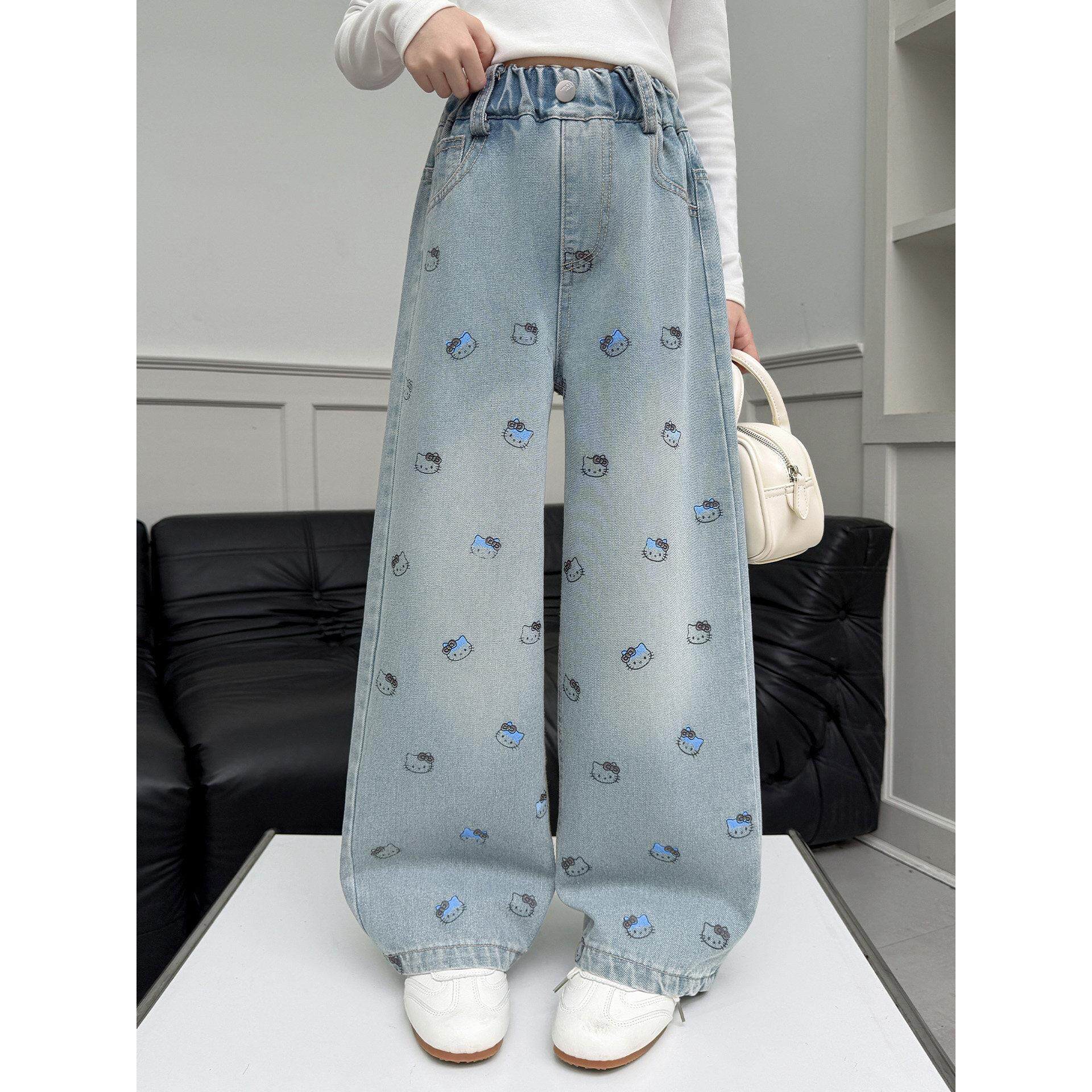 裤子新款女童牛仔裤印花窄版阔裤直筒女孩2026猫咪儿童洋气春款腿