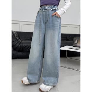 新款 牛仔裤 子女童裤 裤 阔洋气 烫春秋儿童2026钻直潮女孩腿大童筒裤