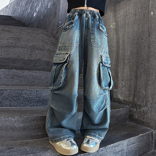 儿童潮酷牛仔裤女大童宽松阔腿裤女童春秋秋装工装裤秋季裤子休闲