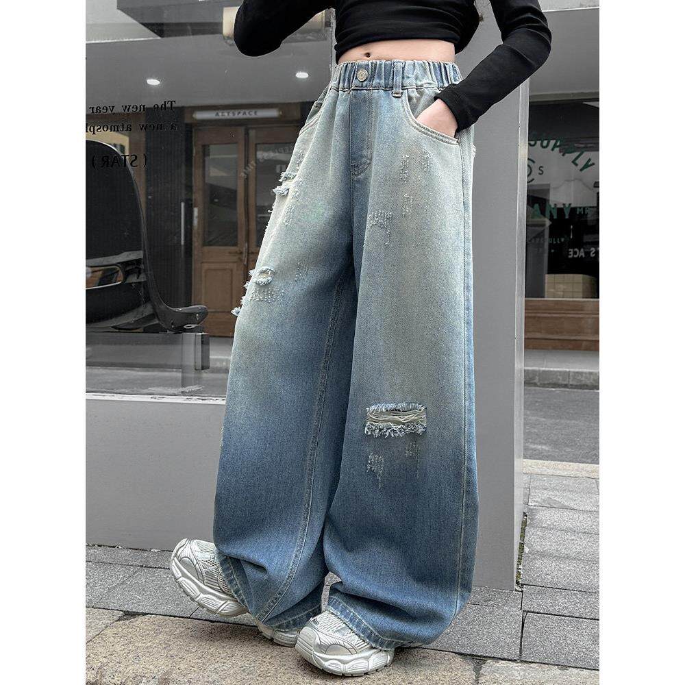 牛仔裤大儿童休闲破洞窄版春秋新款直筒女童长裤2026女孩阔腿裤中