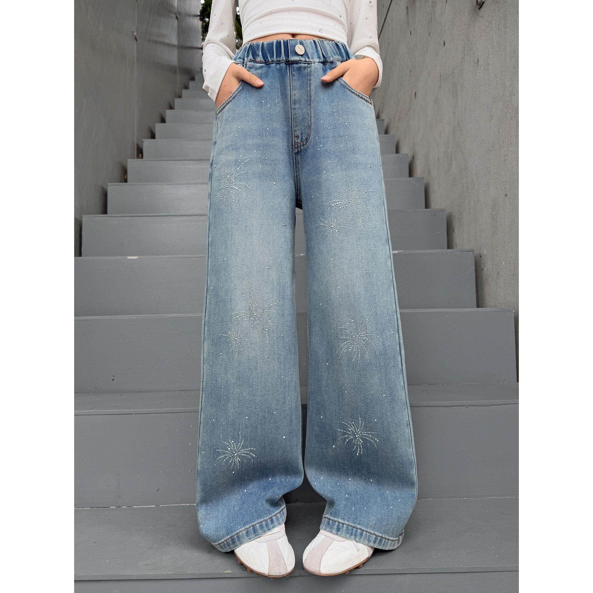 牛仔春秋女童2026烫钻新款钻中大童网红亮牛仔裤洋气烟花阔腿裤潮