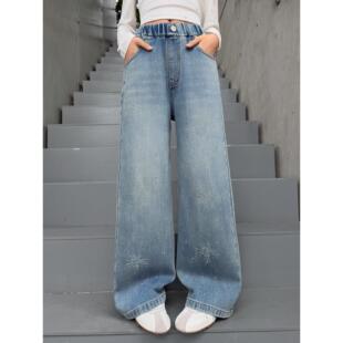 牛仔春秋女童2026烫钻新款钻中大童网红亮牛仔裤洋气烟花阔腿裤潮