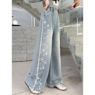 2026春秋女童洋气裤 新款 子儿童花边 浅色阔腿裤 钻网红大童亮牛仔裤