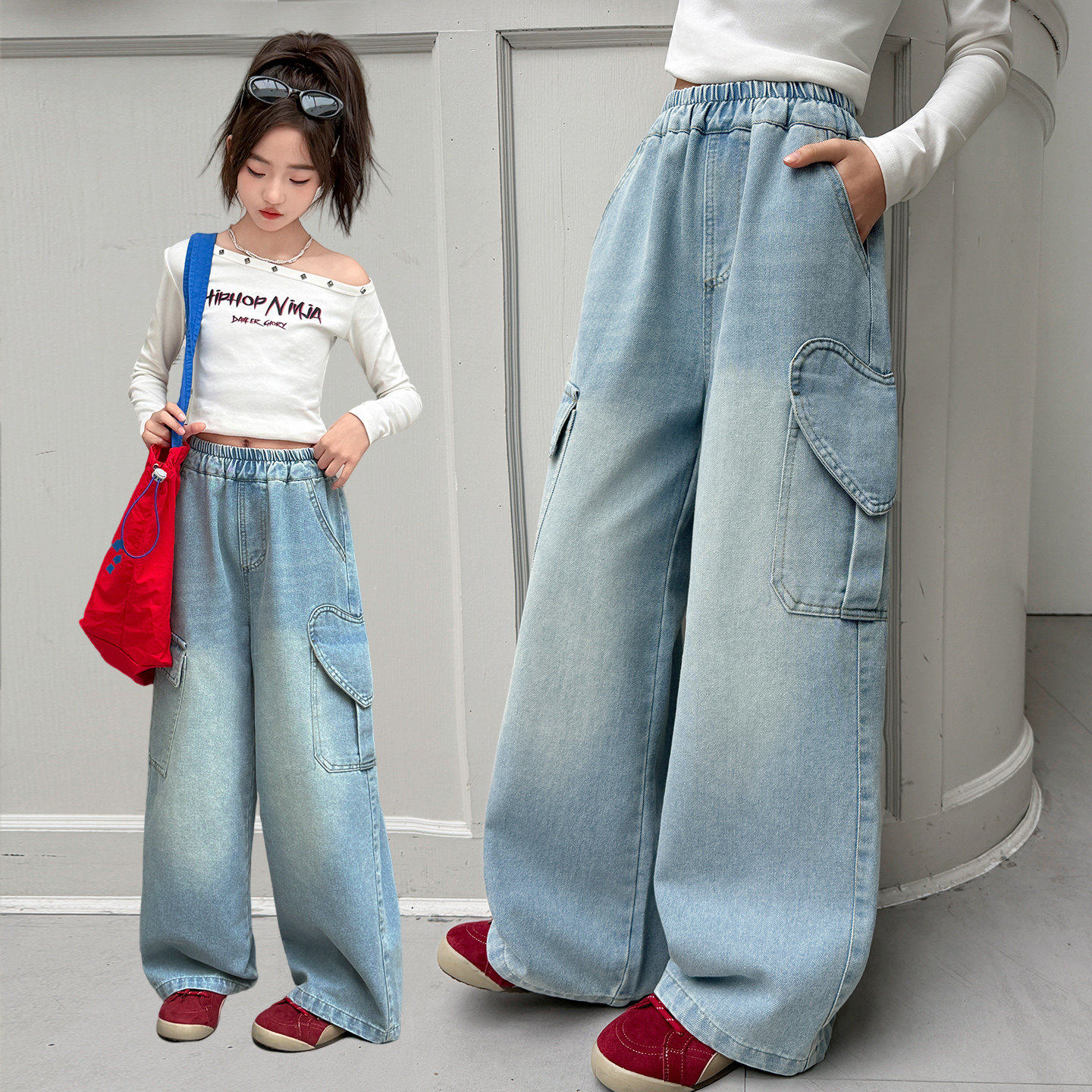 牛仔裤韩版宽松儿童女大童裤子腿春装女童春秋阔裤工装裤春款百搭