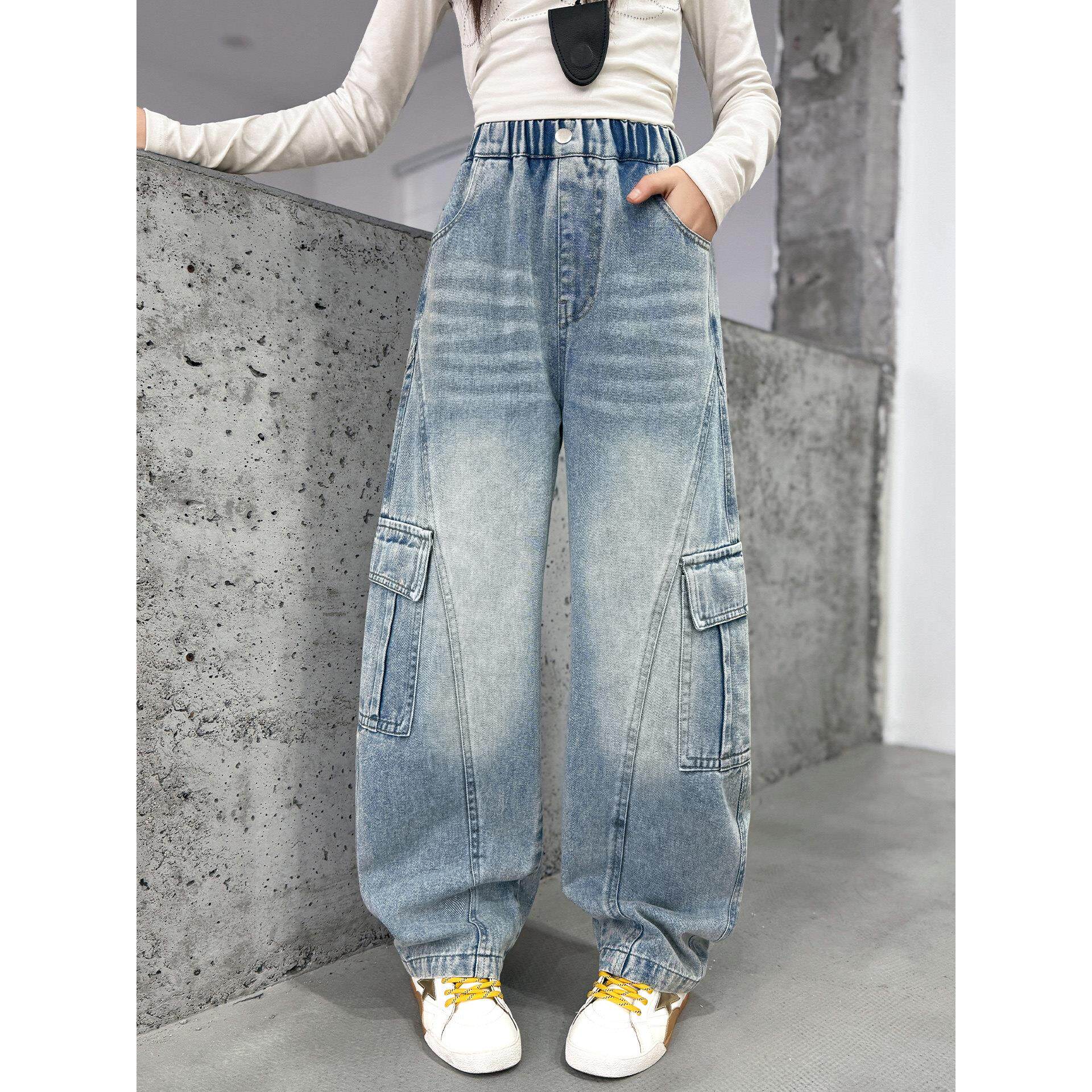 大女童洋气红童女装网裤子童装裤超好看阔腿裤牛仔弯刀工装裤春装